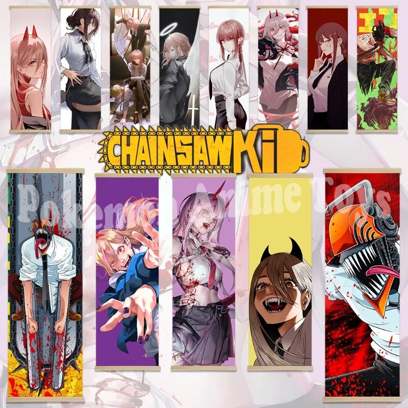 Men'S Accessories Rack - Chainsaw Man Anime-Poster mit Holzrahmen, Scroll-Gemälde,